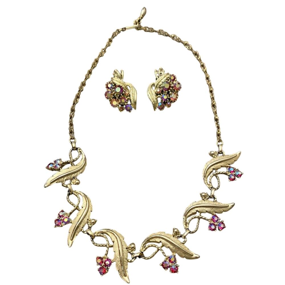 Vintage 50's Choker Necklace & Clip On Earrings Set Gold & Red AB Rhinestones